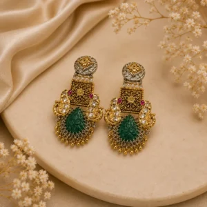 Antique Gold Green Stone Temple Statement Earrings - Image 1