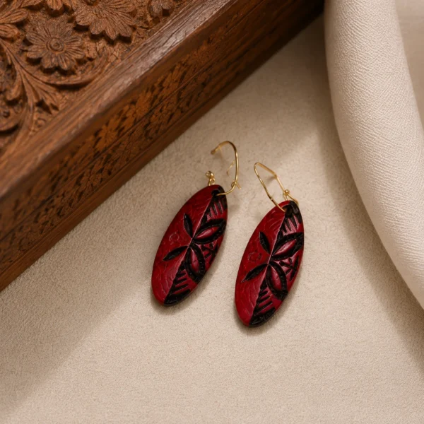Artistic pink Black Printed Oval Drop Hoop Earrings