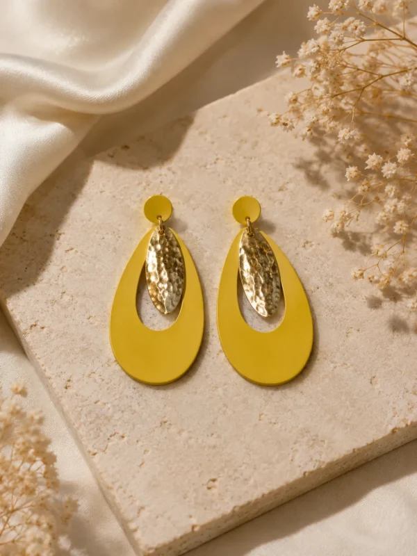 Contemporary Yellow Layered Drop Statement Earrings