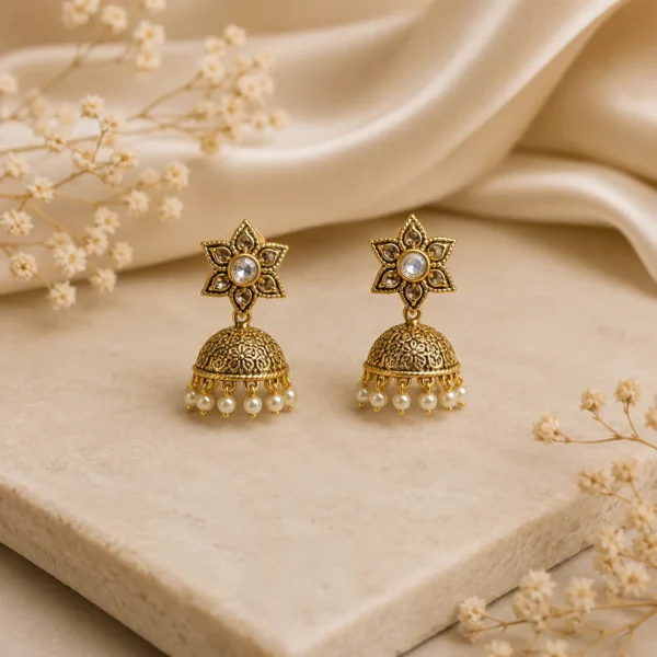 Floral Gold Pearl Dome Jhumka Earrings