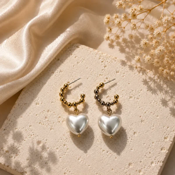 Twisted Hoop Pearl Heart Drop Earrings