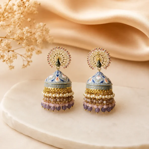 Peacock Enamel Pastel Beaded Designer Jhumka