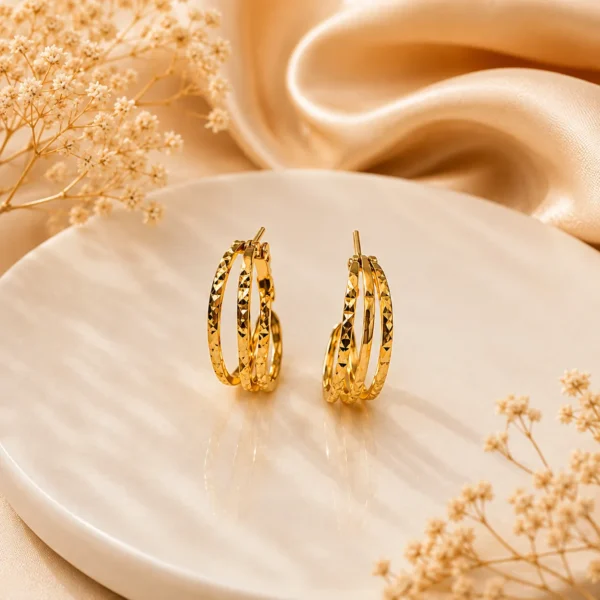 Textured Triple Band Gold Hoop Earrings